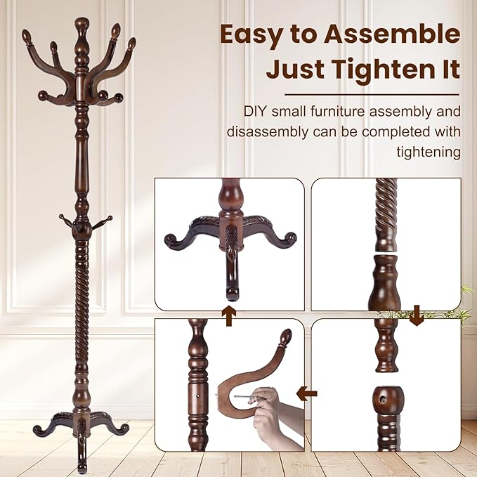 Freestanding Coat Rack with 11 Hooks, Sturdy Wooden Hall Tree for Entryway, Heavy-Duty Tri-Legged Base Hall Tree for Bags, Purses, Hats,Easy Assembly for Corner, Bedroom (T42 Triangle Brown)