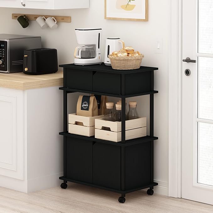 Furinno Turn-N-Tube Kitchen Storage Cart with Cabinet with Lockable Wheels, Americano/Black