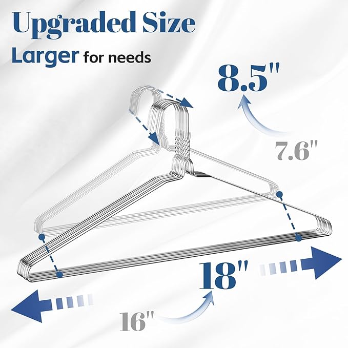 SPECILITE 18 Inch Wire Metal Clothes Hangers Bulk 50 Pack for Large Size Suits, Coats, Shirts, Pants, Skirts, Space Saving, Non Slip,12 Gauge Ultra Thin, Silver