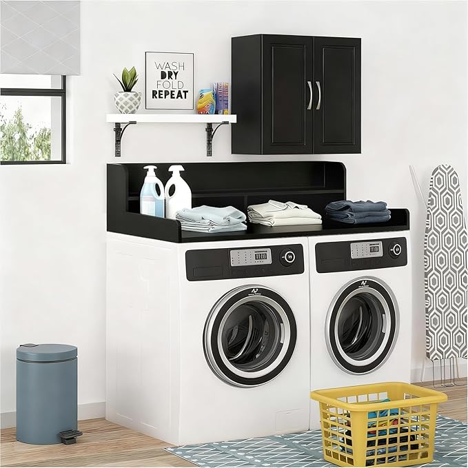 2-Tier Washer and Dryer Countertop, Wooden Washer Dryer Countertop, 27.5" Depth X 54" Laundry Countertop Over Washer and Dryer for Folding Clothes Over Washer and Dryer(Black)