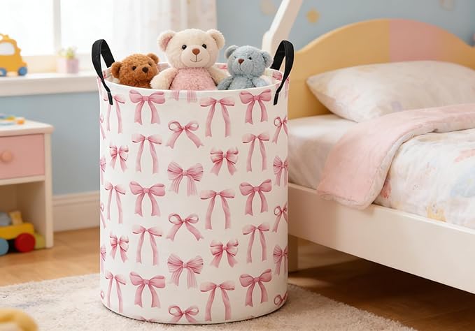 ESSME Kids Laundry Basket,Pink Hamper Collapsible Canvas Waterproof Storage Bin for Girls, Cute Hamper,Gift Baskets(Bowknot)