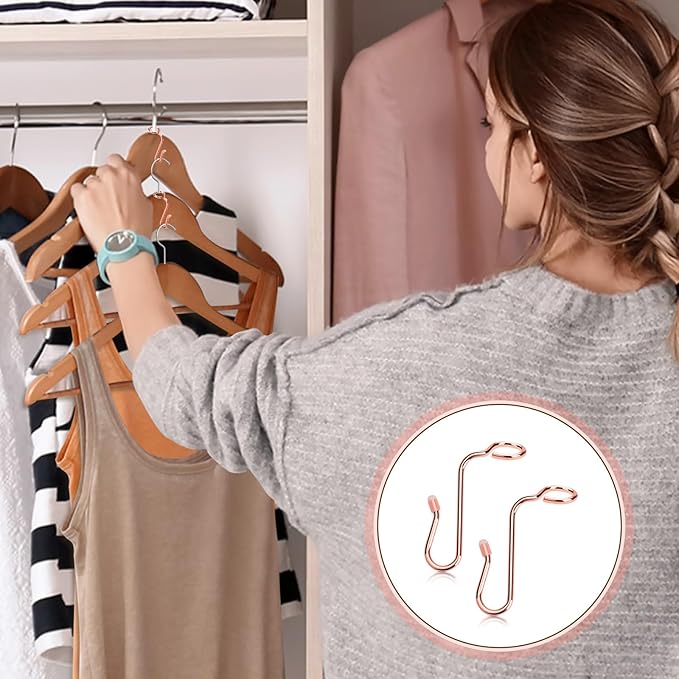 Rose Gold 50-Piece Metal Hanger Connector Hooks, 8.7 mm/0.34 Inch Hole Diameter, Space-Saving, Durable, Gentle on Clothes & Skin