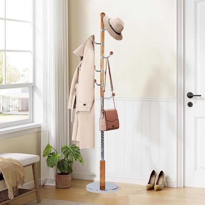 Wooden coat rack stand, Heavy duty coat racks tree freestanding with 6 Hooks and Sturdy Metal Base, Coat tree for jacket,Hats, Bags, Purses, clothes (Round base-Natural)