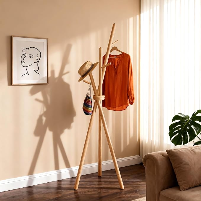 VICITON Wooden Coat Rack, Tripod Coat Tree Freestanding with 3 Hooks for Clothes, Hats and Handbags, Coat Hanger Stand for Bedroom, Living Room, Entryway (Light)