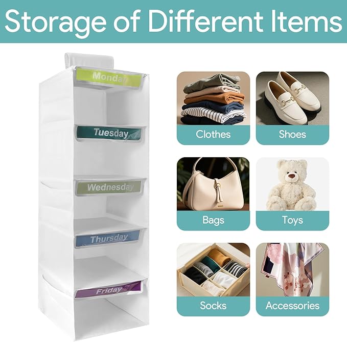 5-Shelf Weekly Clothes Organizer for Kids, Collapsible Hanging Closet Shelves, Baby Closet Organizers and Storage with 6 Side Pockets, Daily Clothing Divider for Boys and Girls (White)