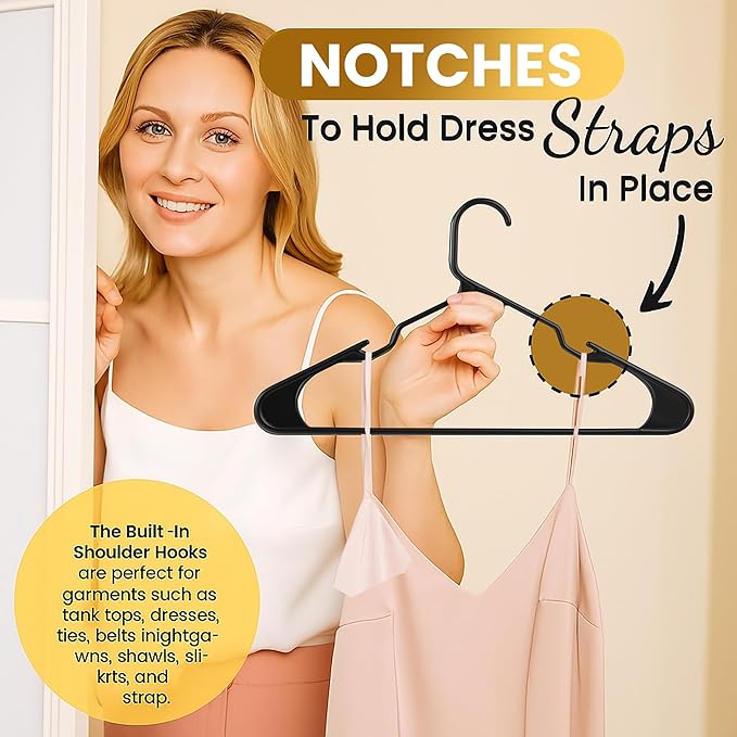 100 Pack Adult Plastic Hanger for Shirt Pants Coats Dresses Skirts Suits Jackets - Standard Thick Coat Hanger - Sturdy & Durable Design with Shoulder Grooves Hook - Black