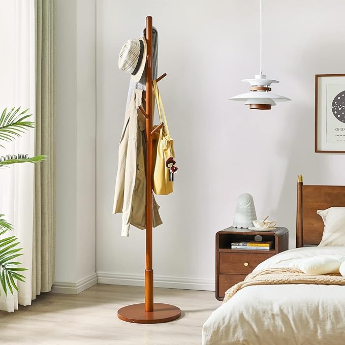IBUYKE Coat Rack Stand, Freestanding Coat Tree with Solid Round Base and 8 Hooks, Easy Assembly Wooden Coat Hanger, Clothes Rack for Hallway Entryway, Living Room, Bedroom, Office, Brown WD-113