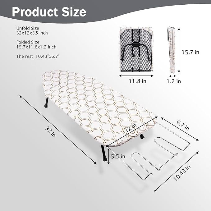 SheeChung Small Tabletop Ironing Board 32" Lx12 W,Folding Ironing Board with Iron Rest,Mesh Metal Base,Cotton Cover,Hook for Hanging,Portable Mini Iron Board for Sewing Craft Room Dorm,Hexagon