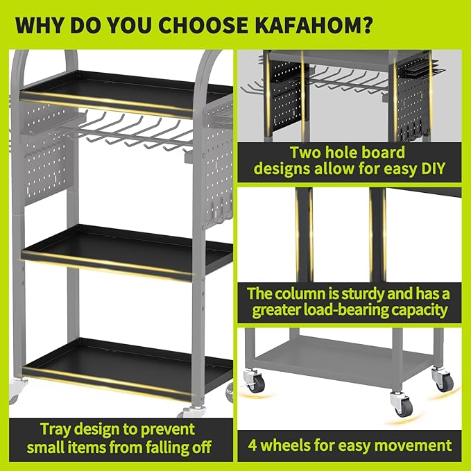 KAFAHOM Power Tool Organizer - 4 Tier Rolling Tool Cart with 8-12 Drill Holder,Tool Storage Cart on Wheels - Heavy Duty Metal Utility Tool Shelf for Garage, Workshop, Warehouse & Repair Shop