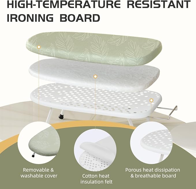 Mini Ironing Board Tabletop Ironing Board Compact Foldable Iron Board Thick Steel Tube with Heat Resistant Covers, Iron Rest for Dorms, Apartment and Travel (Green Leaf)