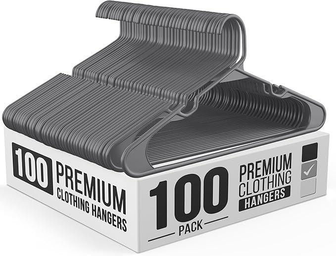 100 Pack Plastic Hanger for Shirt Pants Coats Dresses Skirts Suits Jackets - Standard Thick Coat Hanger - Sturdy & Durable Design with Shoulder Grooves Hook - Grey