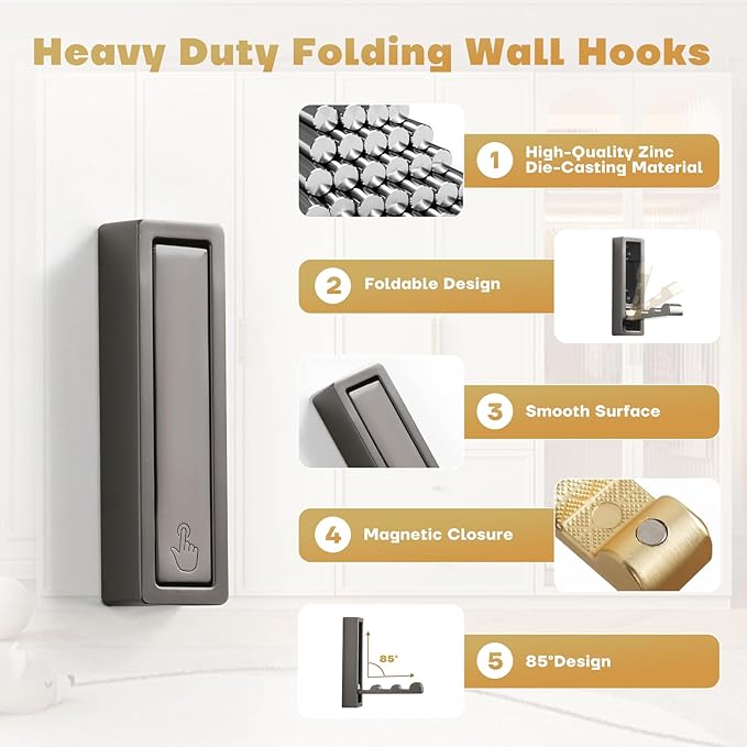 Folding Wall Hook, 2Pcs Foldable Coat Hooks Mounted, Heavy Duty Zinc Alloy No Rust Fold Up Hooks for Hanging Coat, Towel, Key, Hat, Bag, Jacket, Backpack (Gray)