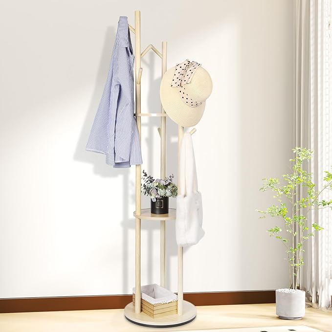 Wood Coat Rack with 3 Shelves and 9 Hooks, Freestanding Rotary Coat Tree for Entryway, Bedroom, Living Room, Hallway – Holds Jackets, Coats, Hats, Bags (Natural)