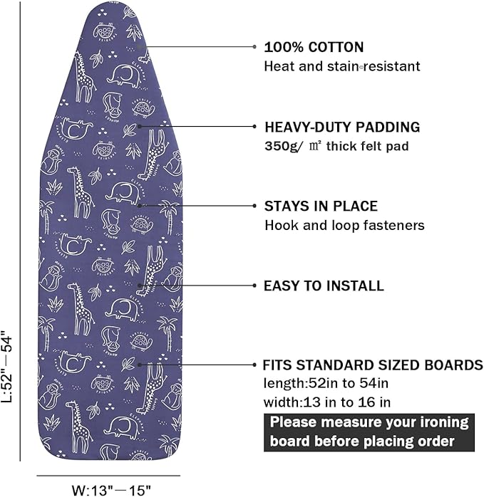 Ironing Board Cover and Pad Standard Size 15 x 54,3 Pairs of Hook and Loop Fastener Straps,Elastic Edges,Cotton Iron Board Cover with Scorch Resistant Thick Padding (Pattern B)