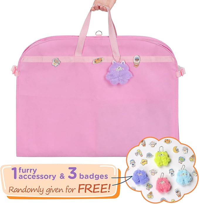Univivi Pink Garment Bags for Dance Costumes 40 Inch Dance Costume Garment Bag for Girls, 3 Medium Clear Zipper Pockets and 2 Back Zippered Pocket, with 1 xPendant, 3 x Badge