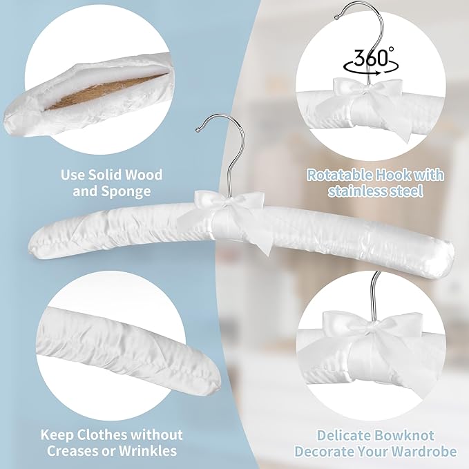 24Pack Non Slip Padded Hangers for Clothing, Satin Hanger Padded, SOFE Foam Padded Hangers for Women Sweaters Coat Blouses Dresses, No Shoulder Bump, White