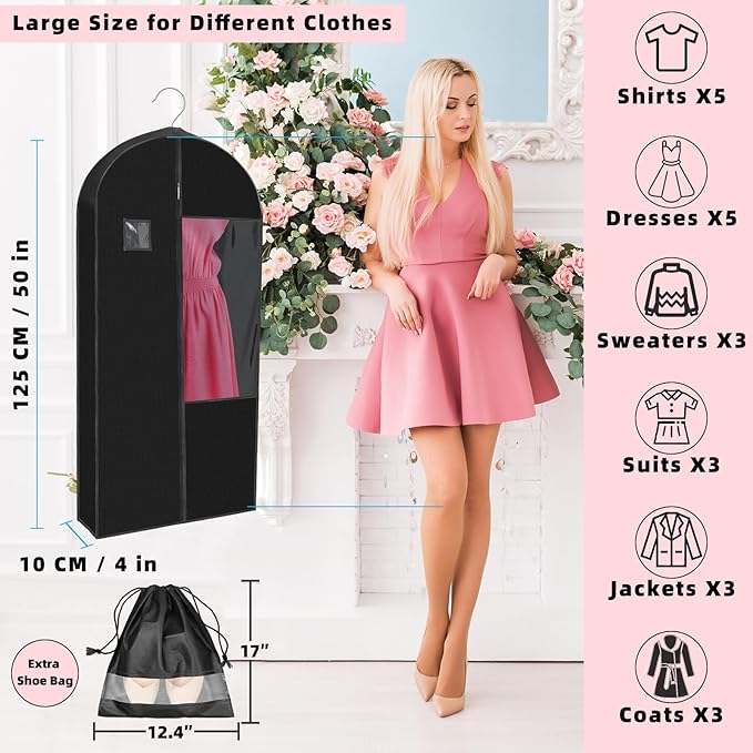 Garment Bags for Hanging Clothes and Travel with 4" Gusseted, Suit Cover for Clothes,Coats,Suit,Jackets,Dress,Shirts,Skirt. (Black-50"-Double zipper-Thickened 80G Non-woven Fabric)