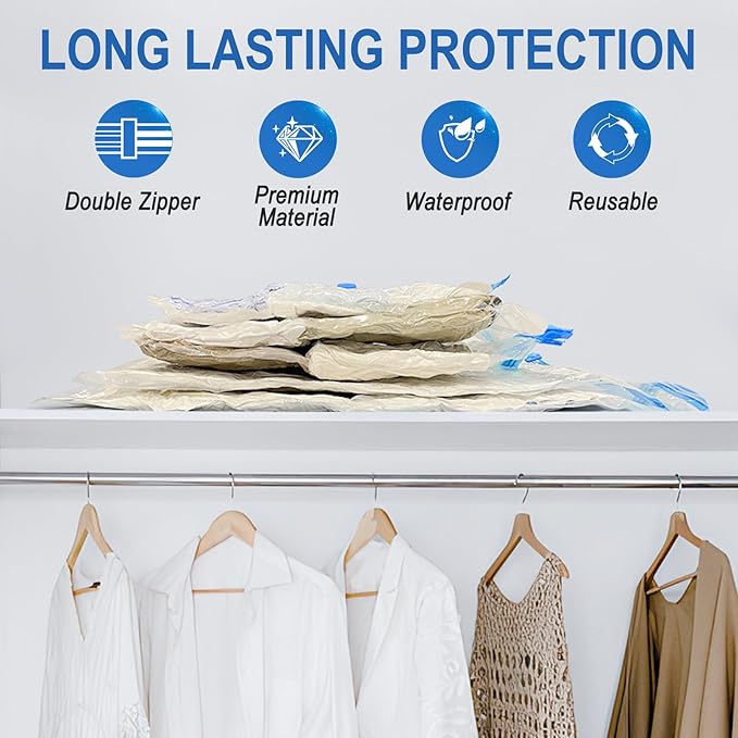 Vacuum Storage Bags with Hand Pump, Plastic Packaging Bags, 80% Space Saver Vacuum Seal Bags for Clothing, Travel Lugggage, Blankets, Comforters, 10 Jumbo