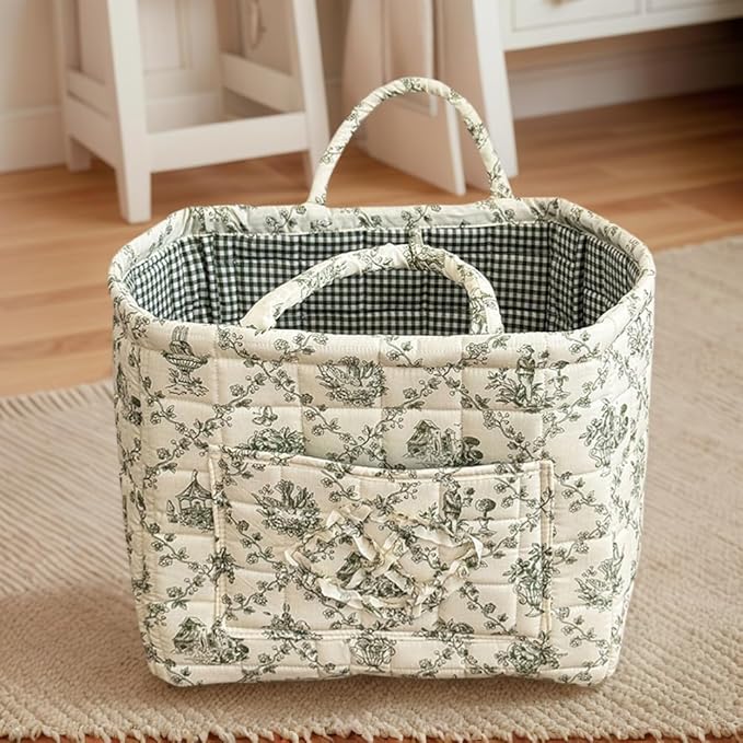 Floral Fabric Storage Basket Car Interior Storage Basket Underwear Sundries Laundry Baskets Supplies Home Organizer Bag (Green)