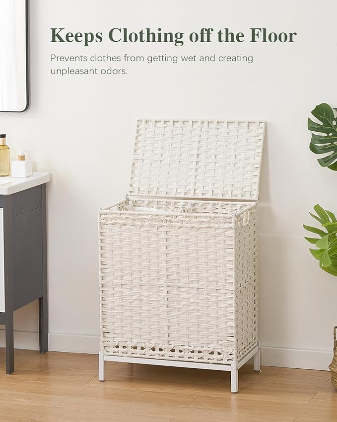 Laundry Hamper with Lid,112 L Handwoven Rattan Wicker Laundry Basket, 2 Removable Liner Bags Metal Heightened Feet,6 Mesh Bags,2 Section Large Clothes Hamper for Bathroom Bedroom, Cloud White