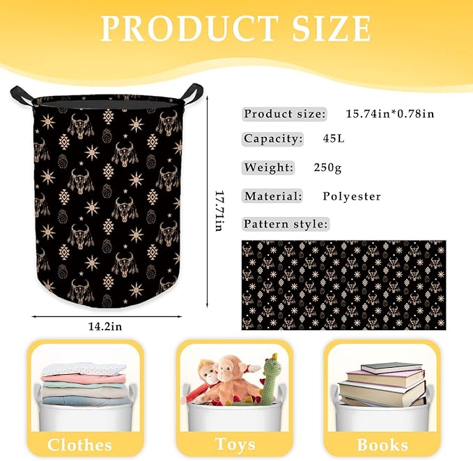 Western Aztec Bull Skull Laundry Basket, Toybox for Boys Girls Room, Western Laundry Basket Hamper Waterproof Collapsible Clothes Toys Storage Bin Organizer for Bedroom Bathroom Kids Room Dorm