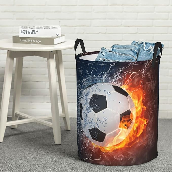 Dujiea Soccer Ball In Fire And Water Laundry Basket Round With Handle, Collapsible Foldable Canvas Storage Bin Dirty Clothes Bag For Laundry/Toys Organizer/College Dorm/Nursery/Decor(2 Sizes)