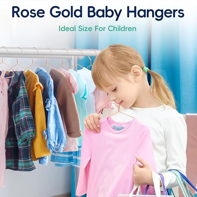 30 Pack 11.8” Rose Gold Kids Baby Metal Hangers with Notches for Toddler Clothes, Shirt, Children Coats, Infant Dress, Pants, 0.12" Thick Space Saving, Heavy Duty