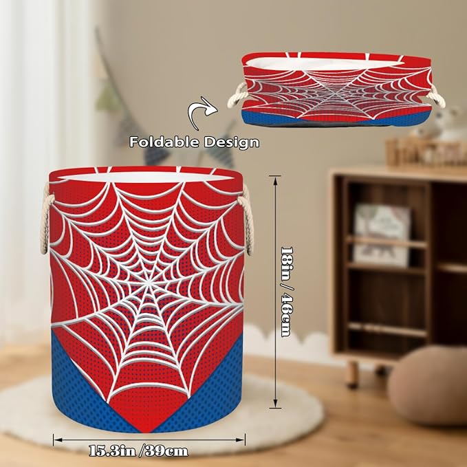 Red Spider Web Laundry Hamper - 58L Collapsible Waterproof Large Tall Nursery Storage Baskets Bin for Kids Toys, Clothes, Bathroom, Boys Bedroom Comic Hero Decor, Gift Basket