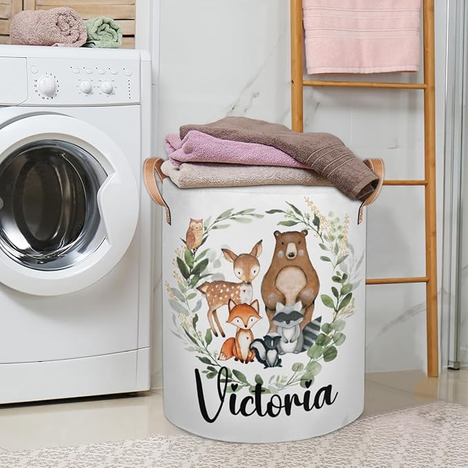 Personalized Laundry Basket, Custom Gift Laundry Hamper, Collapsible Nursery Waterproof Laundry Baskets, Dirty Clothes Toy Hamper with Handles Woodland Greenery Animals