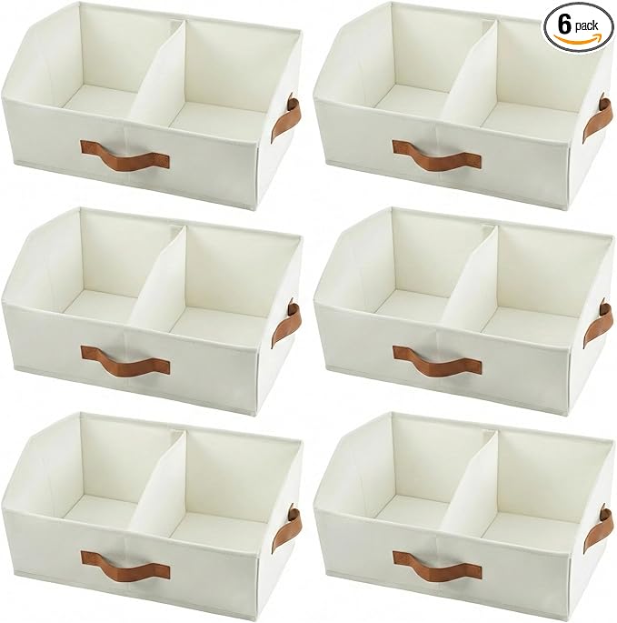 Trapezoid Storage Bin - UPGRADED Closet Organizers And Storage With Leather Handles & Adjustable Dividers, Fabric Collapsible Storage Bins For Clothes Storage & Shelf Organizer (6pcs, Small, Ivory)