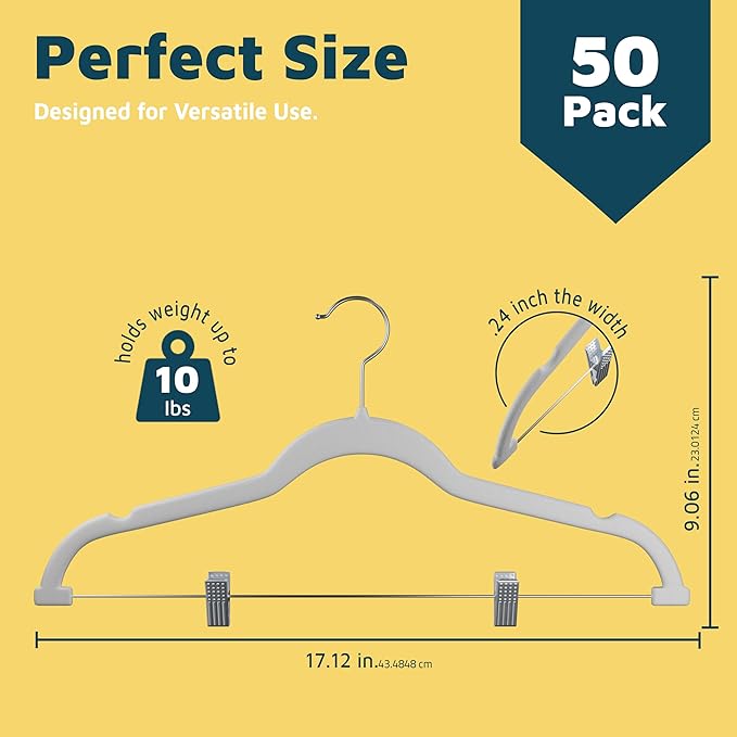 Lifemaster Velvet Skirt Hangers – with Adjustable Clips, 360 Degree Swivel Hook, and Non-Slip Shoulder Notch, Holds Up to 10 lbs, for Organizing Skirt, Pants, Dress, and Clothes, Pack of 50, White