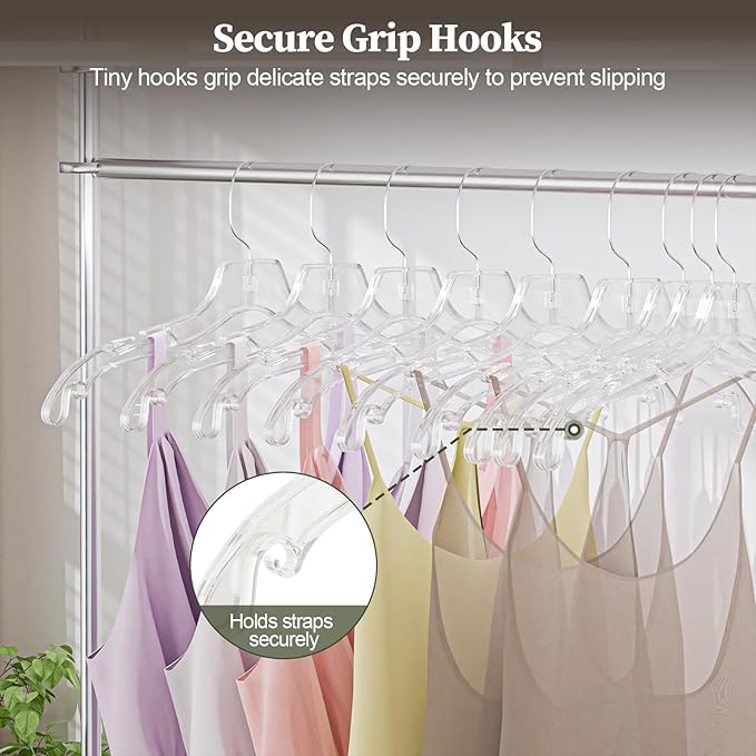 Clear Plastic Hangers 25 Pack, Heavy Duty Clothes Hangers with 360° Swivel Hook, 2.1" Ultra-Wide Non-Slip Notches & Non-Slip Grips for Dresses, Shirts, Coats, Suits