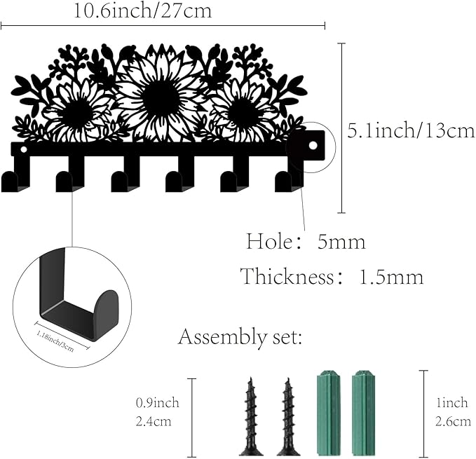 CREATCABIN Metal Sunflower Key Holder Rack Wall Mount Decorative Black Coat Organizer with 6 Hooks Flower Shaped Design Black Towel Hanger Rack Wall Art Decor for Entryway Room Bathroom 10.6x5 Inch