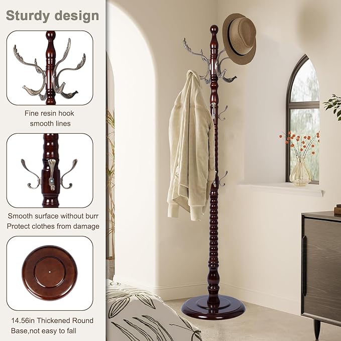 Wooden coat rack stand, Heavy duty coat racks tree freestanding with 14 Hooks and Sturdy Round Base, Coat tree for jacket, Hats, Bags, Purses, clothes (Round base-Metal Phoenix Groove)