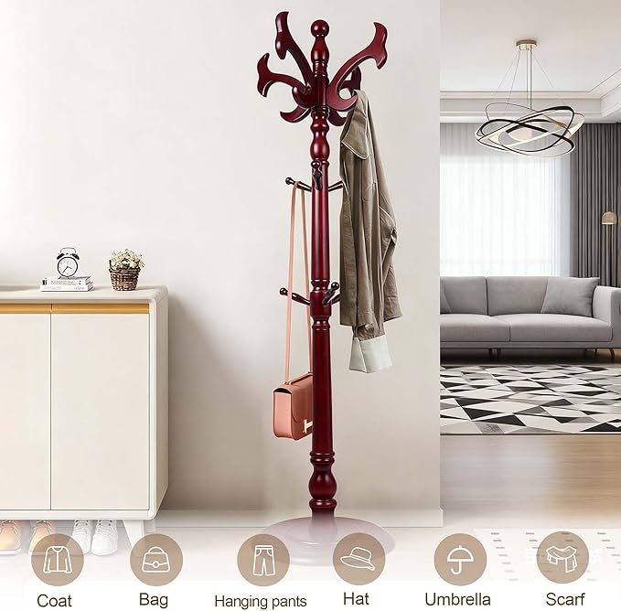 73”Vintage Wooden Coat Rack，With 14 Hooks and Sturdy Round Base.Sturdy and Durable Standing Coat Racks，Adjustable Wooden Freestanding Coat Rack for Porch，Bedrooms (Mahogany) (fishtail, 1 PCS)
