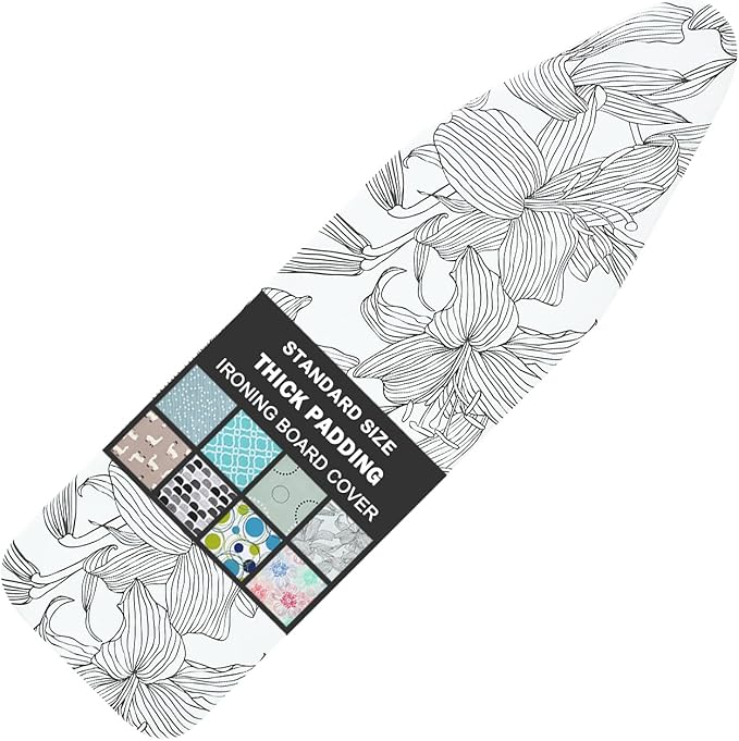 Ironing Board Cover and Pad Standard Size 15" x 54",3 Pairs of Hook and Loop Fastener Straps,Elastic Edges,Cotton Iron Board Cover with Scorch Resistant Thick Padding(Line Flower)