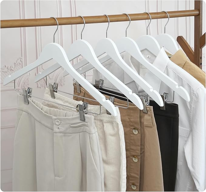 White Wooden Skirt Hangers with Clips 16Pack, Wooden Coat & Pants Hangers with Adjustable Metal Clips for Slacks, Jeans, Shorts, Jacket, Blouse, Clothes & Suit