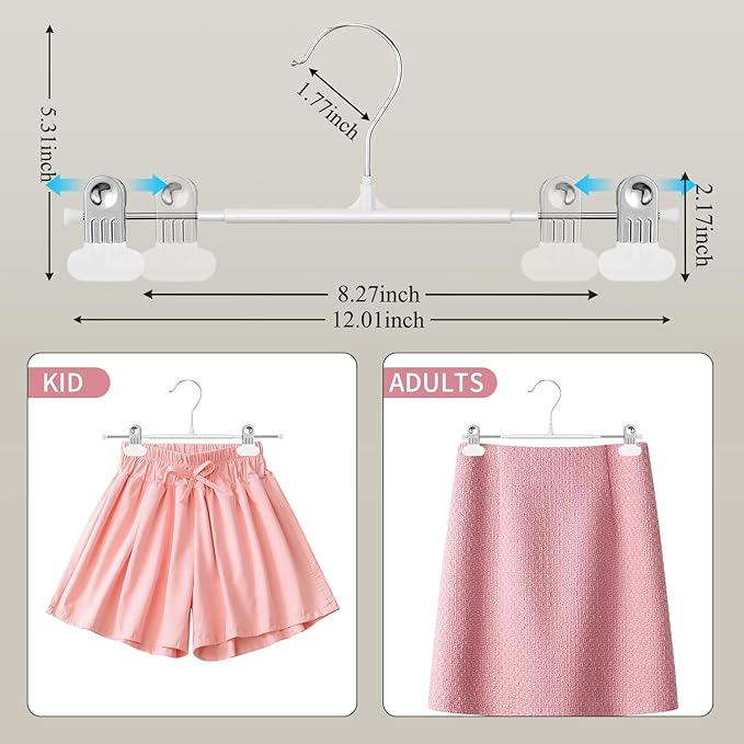 HUADYMEET 10 Pack 12Inch Pants Hangers with Wide Clips,Metal Trouser Hanger for Jeans.Space Saving Skirt Hangers Heavy Duty Non-Slip Adjustable Clothes Shorts Hanger for Women,Men,White