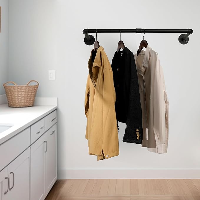 WEBI Clothing Rack Wall Mount,24" Industrial Pipe Clothes Rack for Hanging Clothes,Heavy Duty Iron Garment Rack Bar,Retail Display Clothes Rod for Closet,Laundry Room,Black