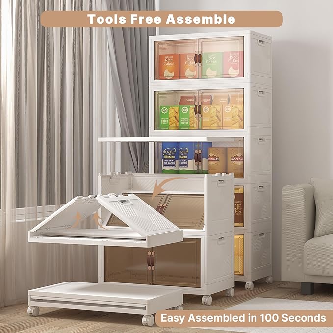 Extra Large Stackable Storage Bins, Lockable Storage Bins with Lids, Folding Storage box with Doors and Wheels, Collapsible Plastic Drawers for Home, Garage, Office (5, White, Large)