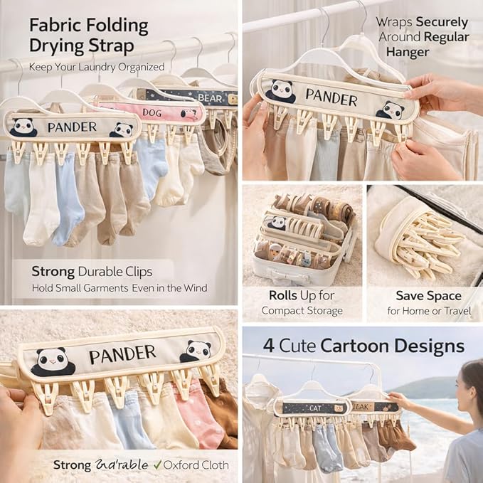 FOLAI 4-Pack Portable Fabric Products Travel Hangers Foldable Suitcase Clothespin Small Clothes pin Rack with 6 Clips（Animal-Themed）
