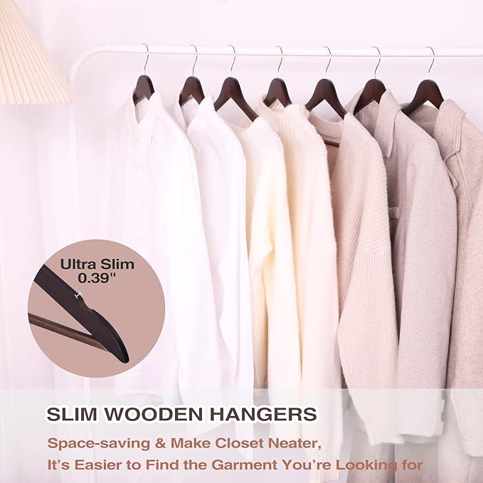 FairyHaus Wood Hangers 30 Pack, Smooth Finish Wooden Coat Suit Hangers with 360° Swivel Hook and Notches, Lightweight Walnut Wood Clothes Hangers for Camisole, Pants, Dress