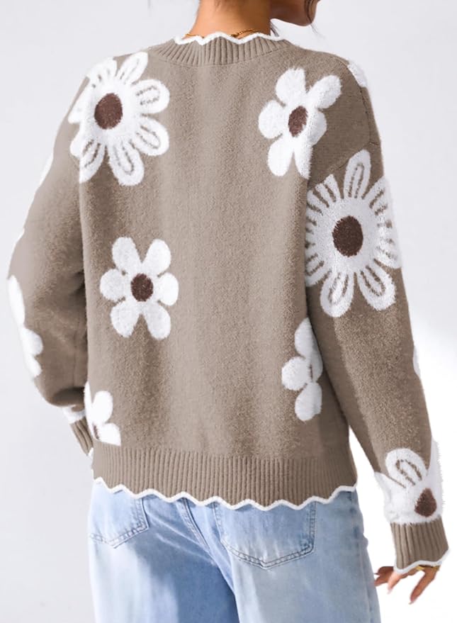 Pink Queen Fuzzy Sweater Cardigan for Women 2025 Fashion Long Sleeve Flower Outerwear Button Down Open Front Cardigan Coat