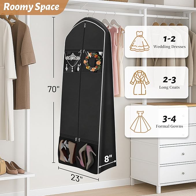 KEETDY Portable 70" Wedding Dress Garment Bag Travel with Bride Tote Bag 8'' Gusseted Hanging Dress Bags for Gowns 4 Pockets Long Dresses Storage for Women Clothes, Black