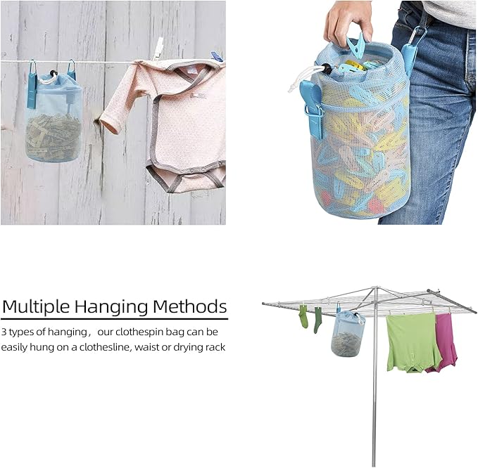 MinYee Mesh Clothespin Bag for Clothesline Outdoor, Multiple Hanging Methods Clothes Pin Bag with Drawstring Closure, Ventilation and Moisture Resistance, LargeCapacity Clothespin Storage Organizer