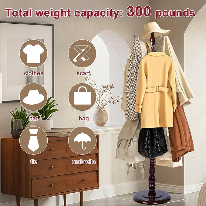 Wood Coat Rack Freestanding with 14 Hooks, 73 Inches Adjustable Height Coat Rack Stand, Vintage Hall Tree Coat Racks with Stable Round Base for Entryway, Bedroom (Reddish Brown-Metal Hook)