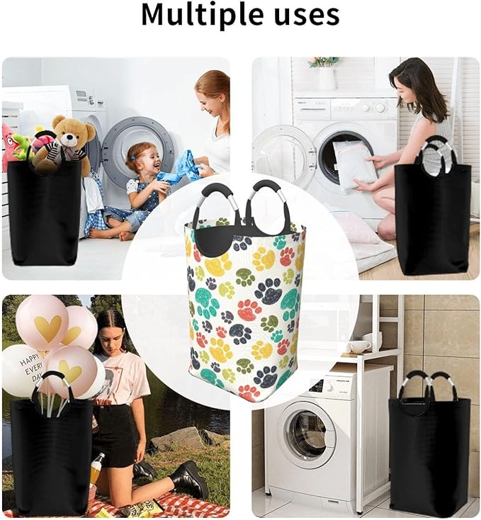 Colorful Dog Paw Laundry Basket Animal Laundry Hamper Collapsible Baskets with Handle Dirty Clothes Hamper Bag for Dorm Family Bathroom Decor Storage 50L