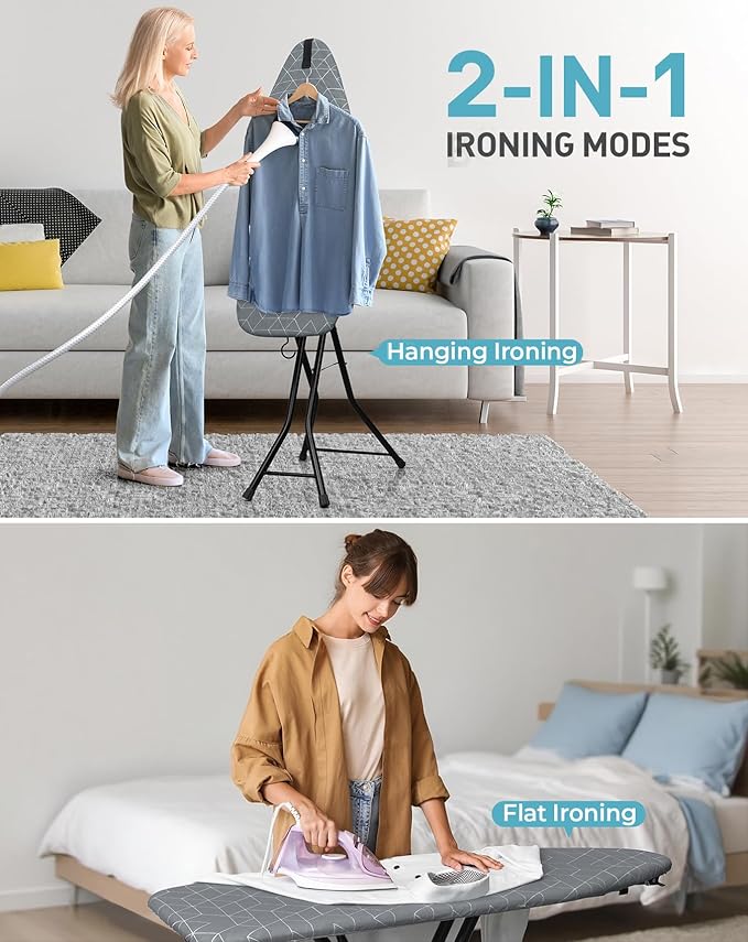 LyriFine Ironing Board, 2-in-1 Flat and Hanging Board, Sturdy Steel Frame Iron Board with Non-Slip Feet, Heat Resistant Cover Iron Board, Foldable Ironing Board Full Size with Hook, 14″ x 43″ Gray
