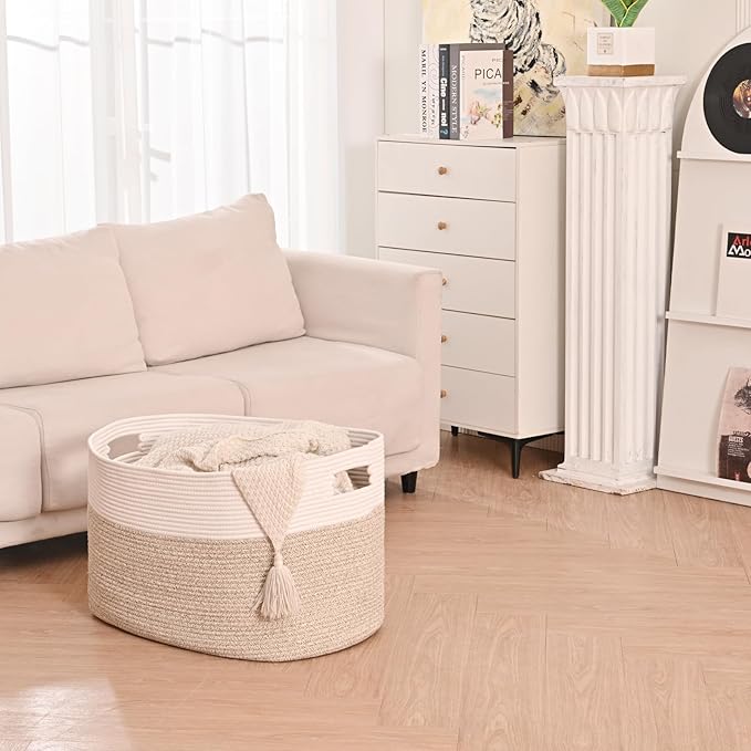 Extra Large Blanket Basket for Living Room, Rectangle Woven Cotton Rope Storage for Blankets, Toys, Clothes, Shoes, 25”x16”x16”, Off White & Brown, 108L