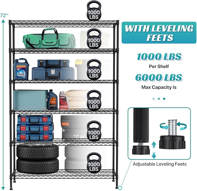 6-Tier Heavy Duty Wire Shelving Unit with Wheels or Leveling Feet, 6000 LBS Total Capacity, Adjustable Metal Storage Rack for Garage, Pantry, Kitchen, Basement, 48" W x 18" D x 76" H, Black